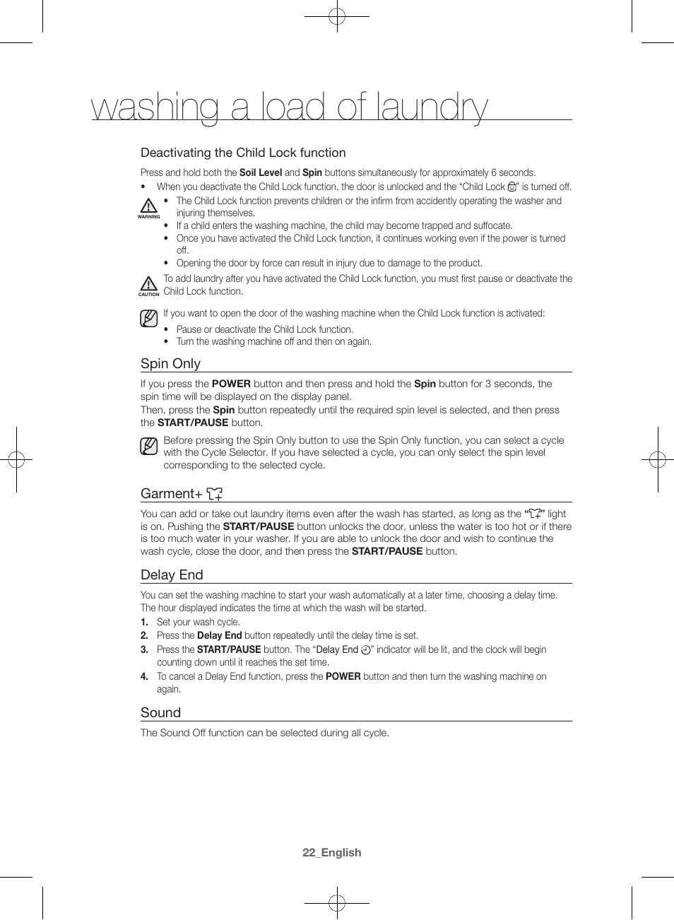 Washing a load of laundry, Spin only, Garment | Delay end, Sound | Samsung WF42H5400AW-A2 User Manual | Page 22 / 132