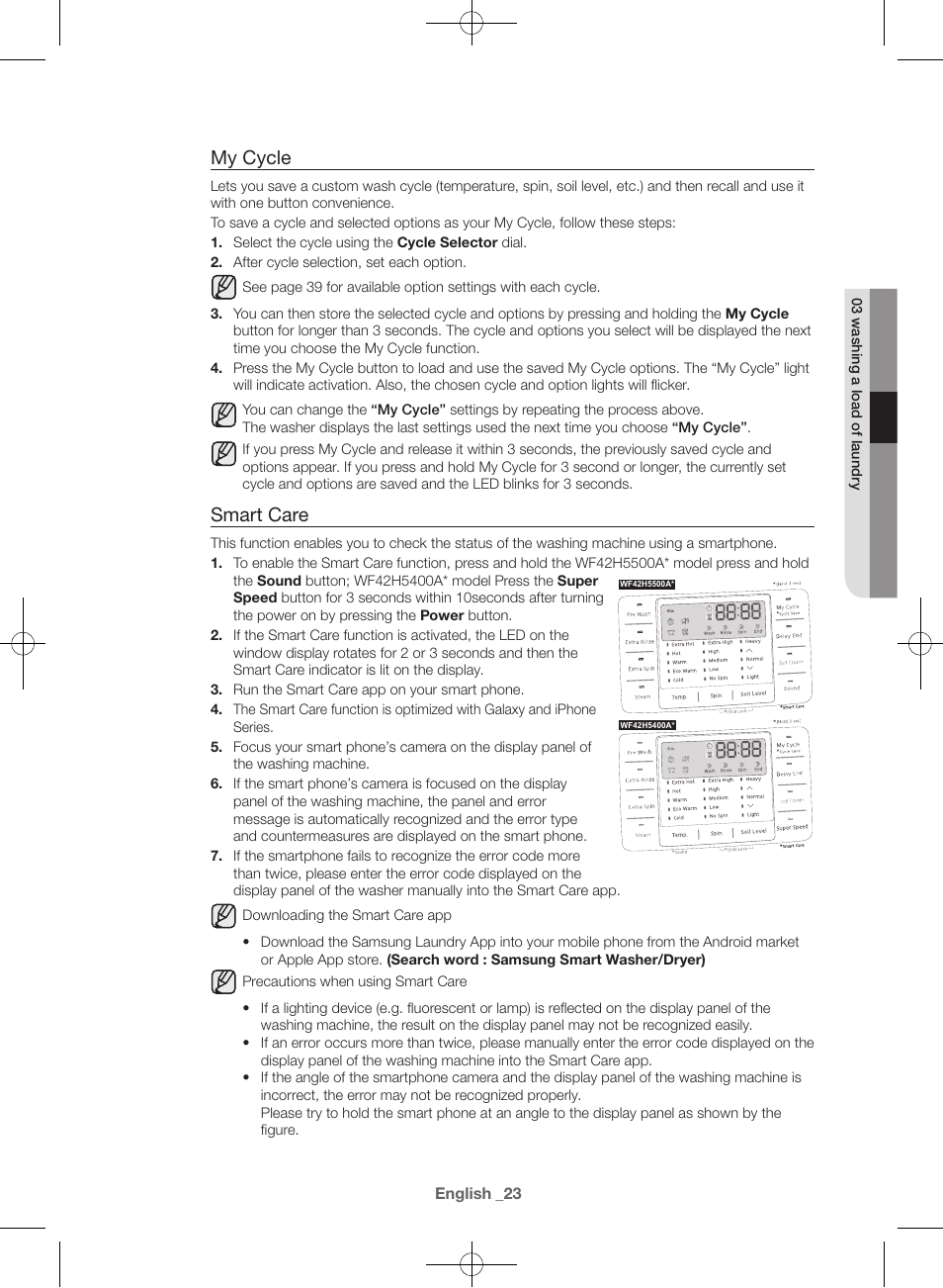 My cycle, Smart care | Samsung WF42H5400AW-A2 User Manual | Page 23 / 132