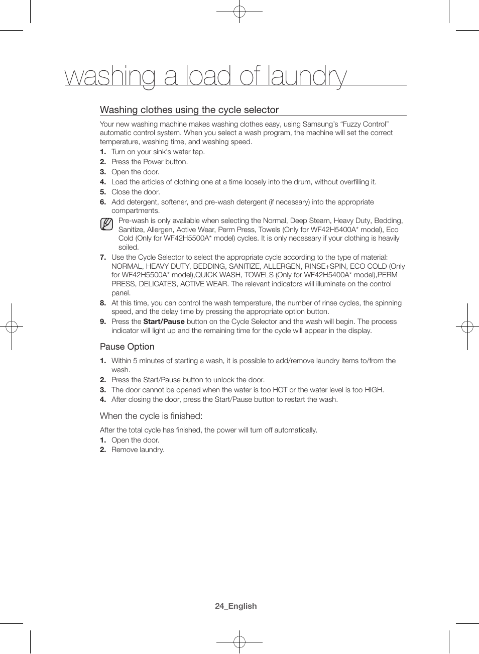 Washing a load of laundry | Samsung WF42H5400AW-A2 User Manual | Page 24 / 132