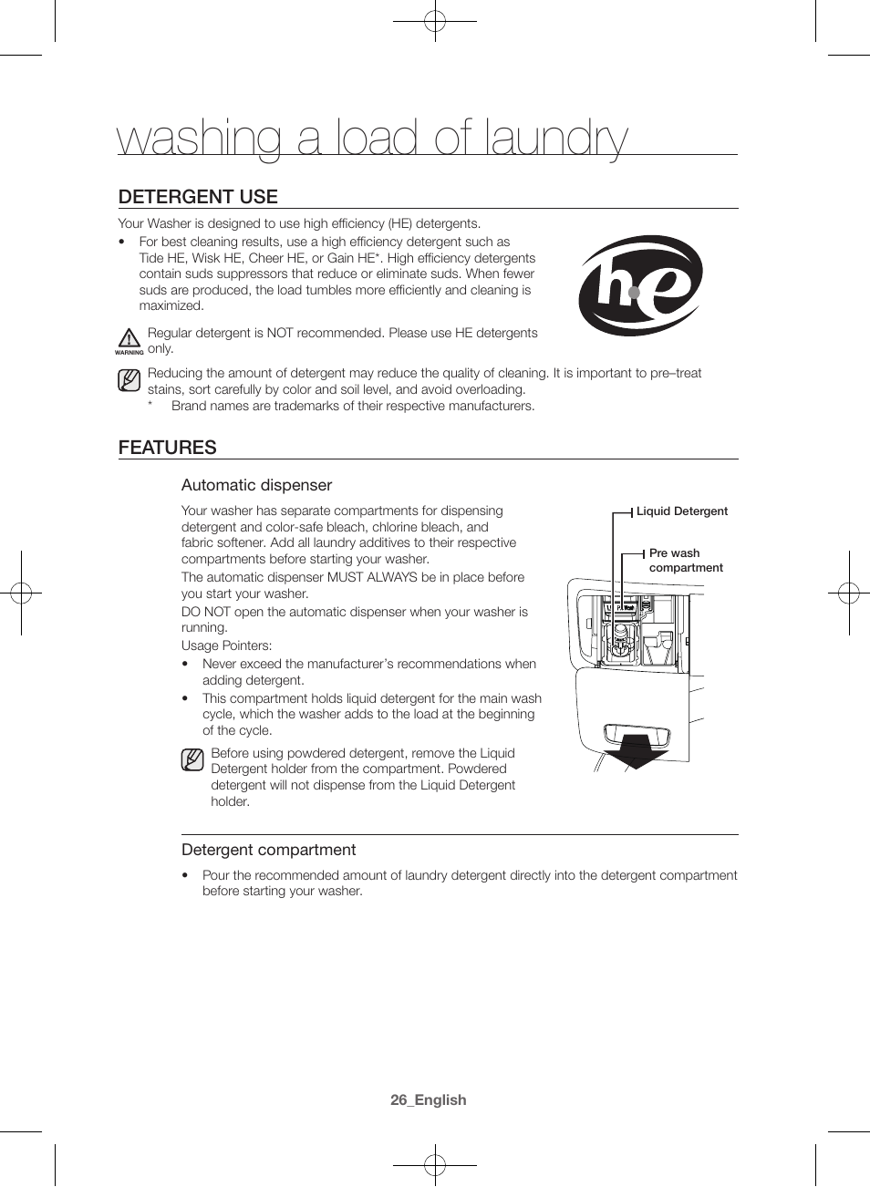 Washing a load of laundry, Detergent use, Features | Samsung WF42H5400AW-A2 User Manual | Page 26 / 132