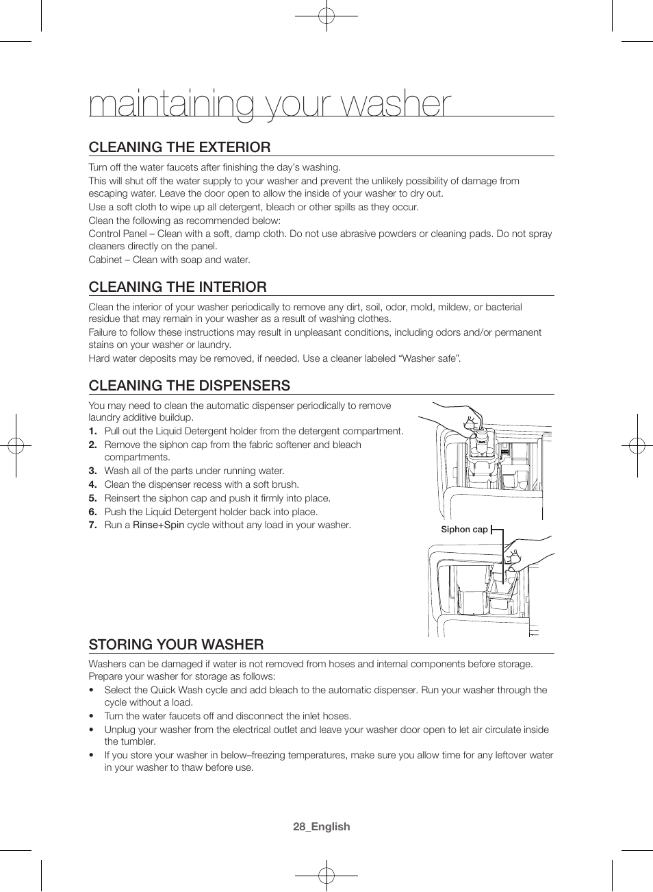 Maintaining your washer, Cleaning the exterior, Cleaning the interior | Cleaning the dispensers, Storing your washer | Samsung WF42H5400AW-A2 User Manual | Page 28 / 132