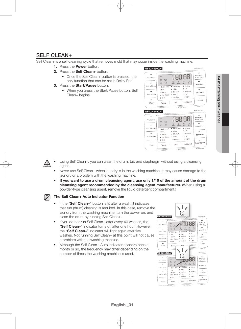 Self clean | Samsung WF42H5400AW-A2 User Manual | Page 31 / 132