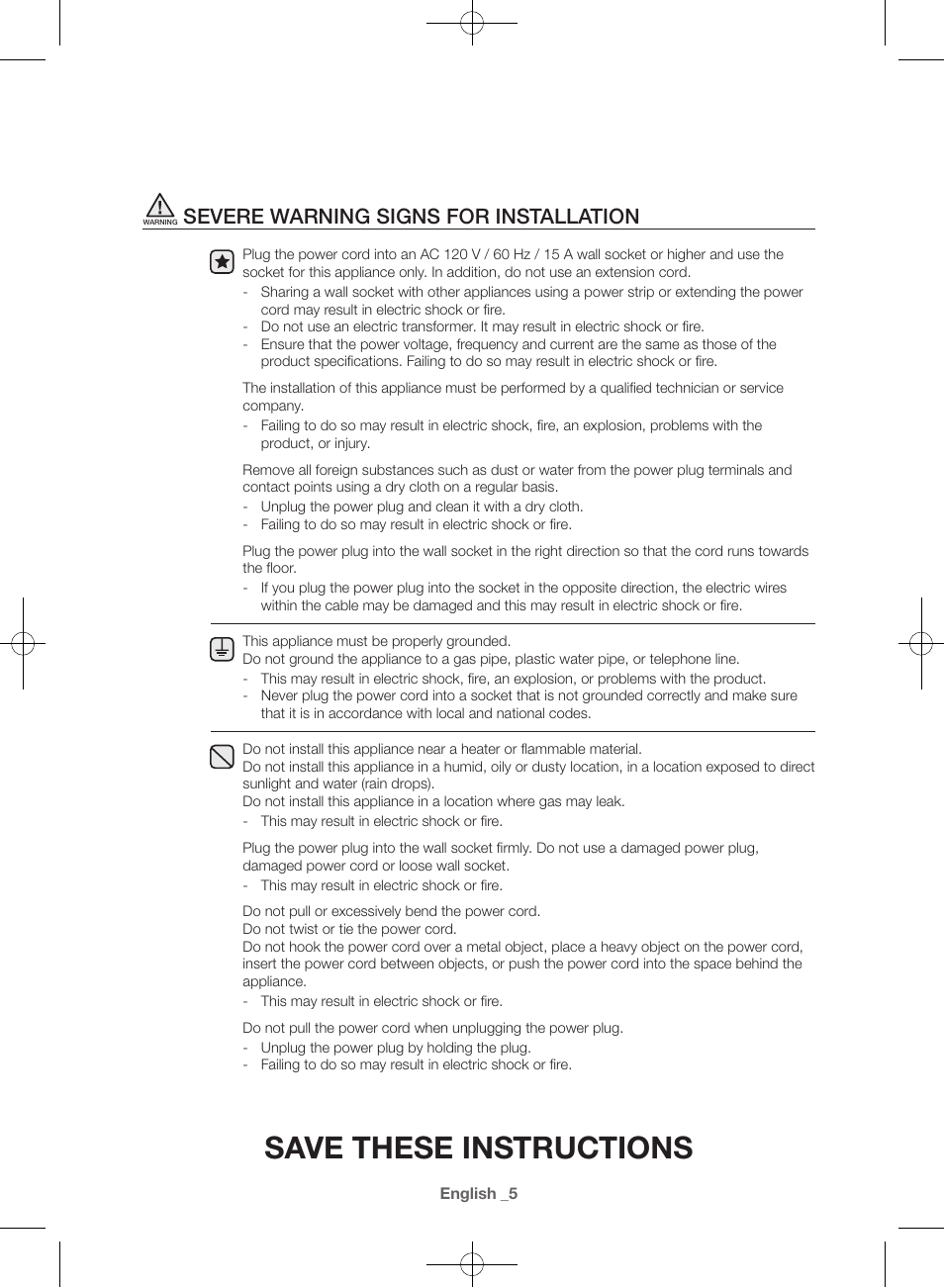 Save these instructions, Severe warning signs for installation | Samsung WF42H5400AW-A2 User Manual | Page 5 / 132