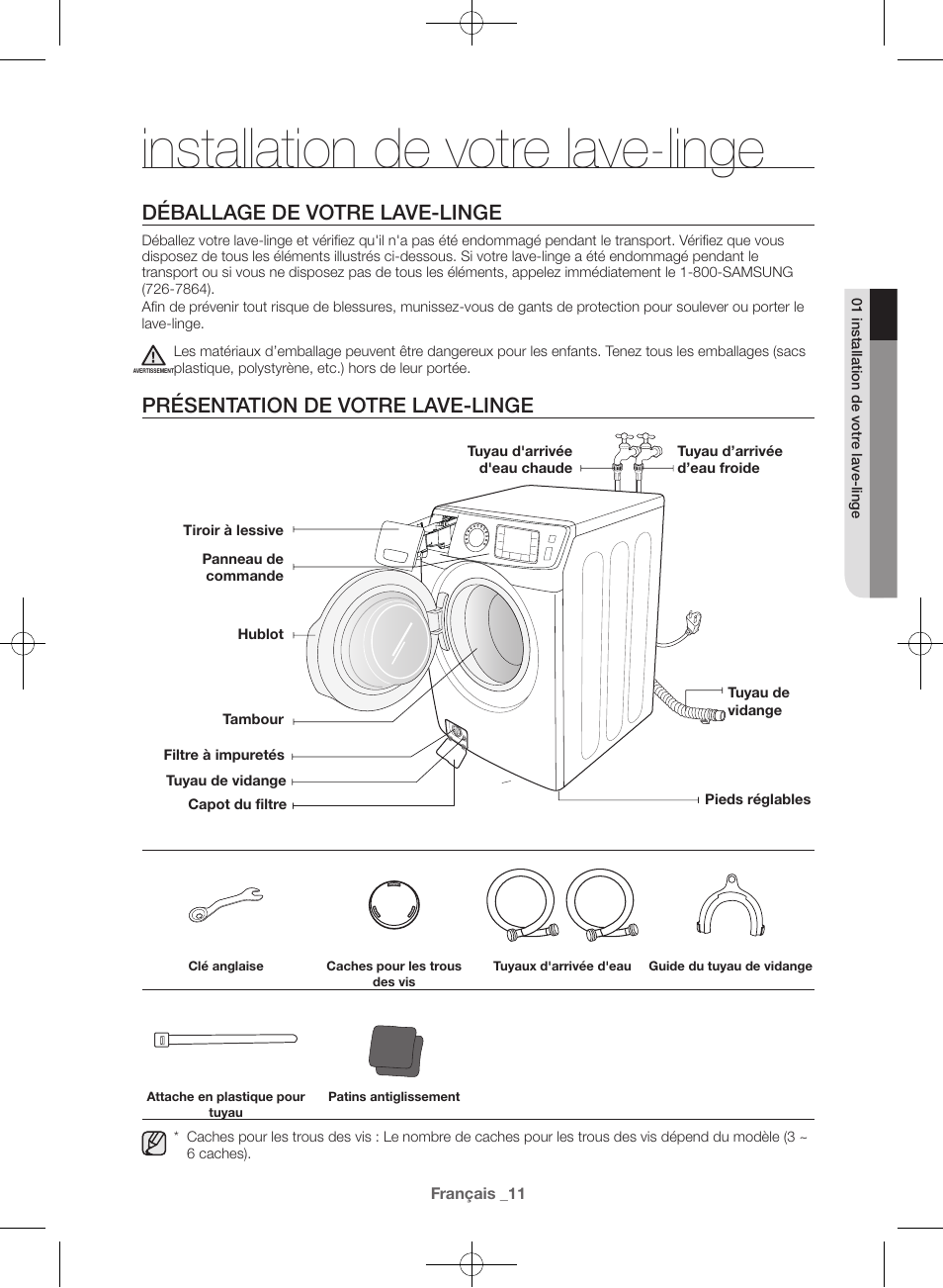 Installation de votre lave-linge, Déballage de votre lave-linge, Présentation de votre lave-linge | Samsung WF42H5400AW-A2 User Manual | Page 55 / 132