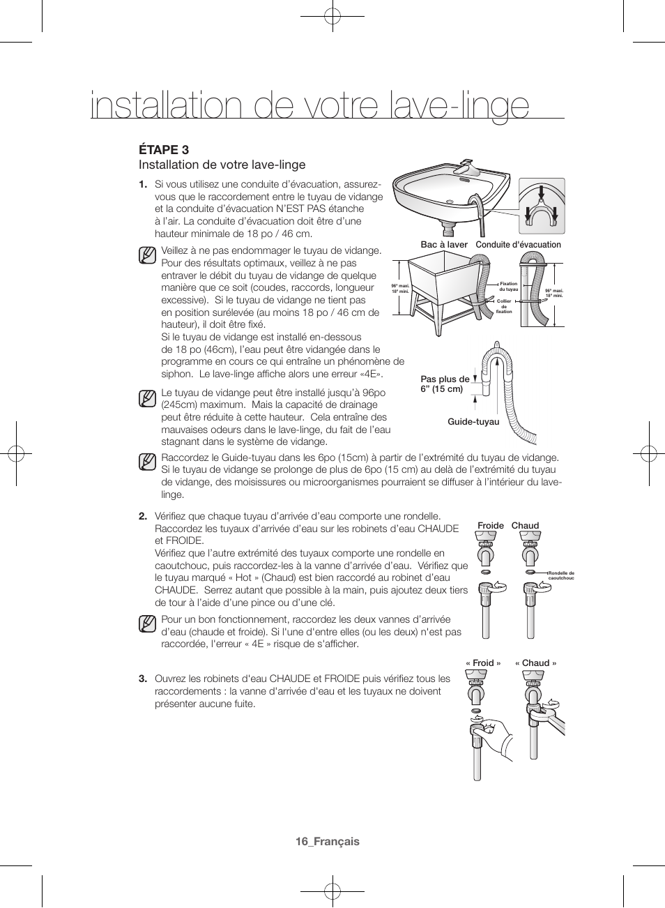 Installation de votre lave-linge, Étape 3 installation de votre lave-linge | Samsung WF42H5400AW-A2 User Manual | Page 60 / 132