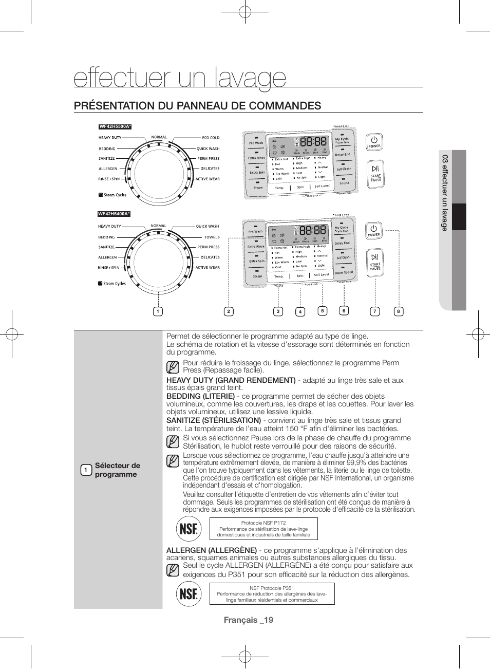 Effectuer un lavage, Présentation du panneau de commandes | Samsung WF42H5400AW-A2 User Manual | Page 63 / 132