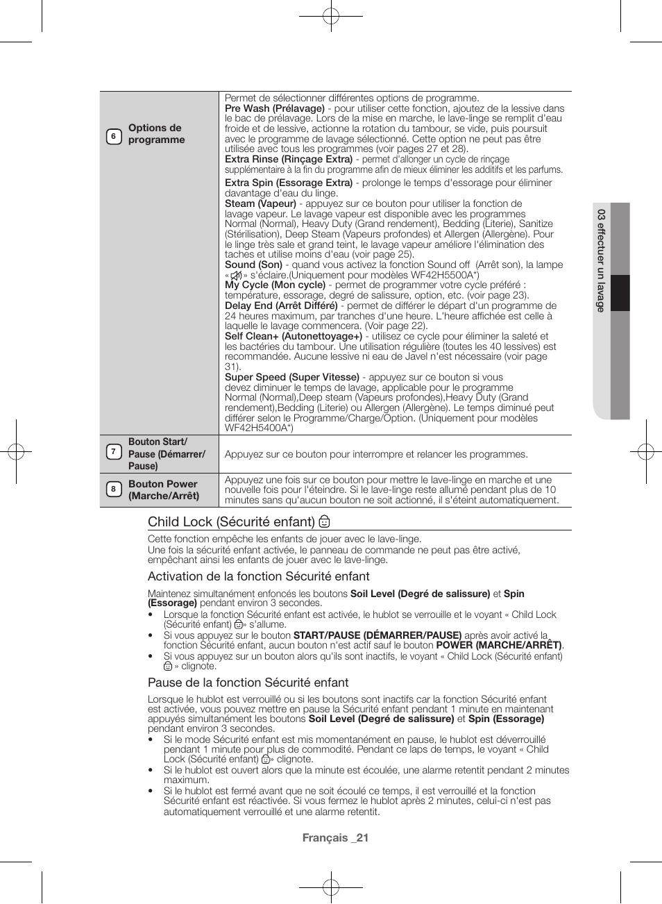 Child lock (sécurité enfant) | Samsung WF42H5400AW-A2 User Manual | Page 65 / 132