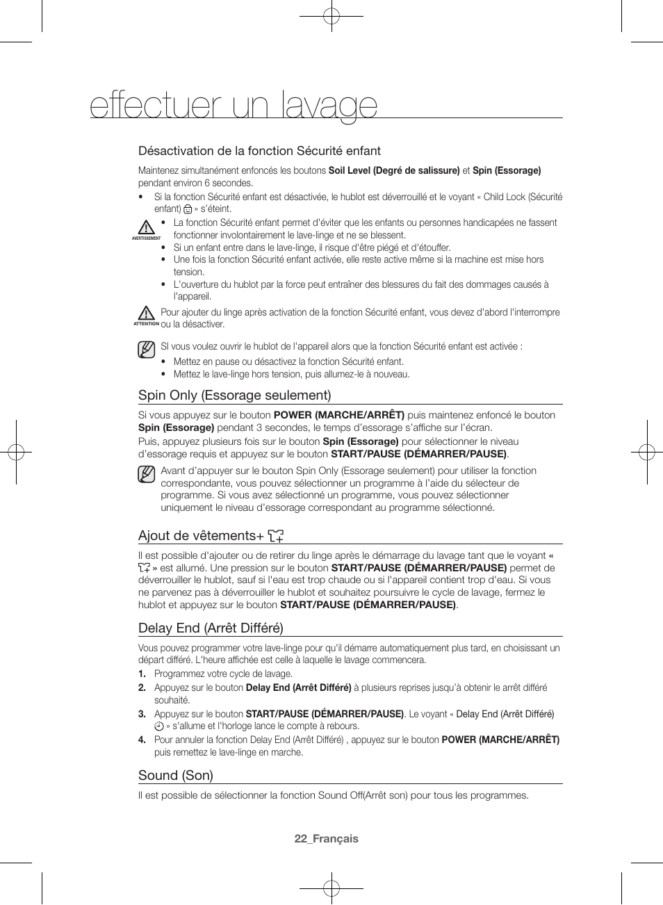 Effectuer un lavage, Spin only (essorage seulement), Ajout de vêtements | Delay end (arrêt différé), Sound (son) | Samsung WF42H5400AW-A2 User Manual | Page 66 / 132