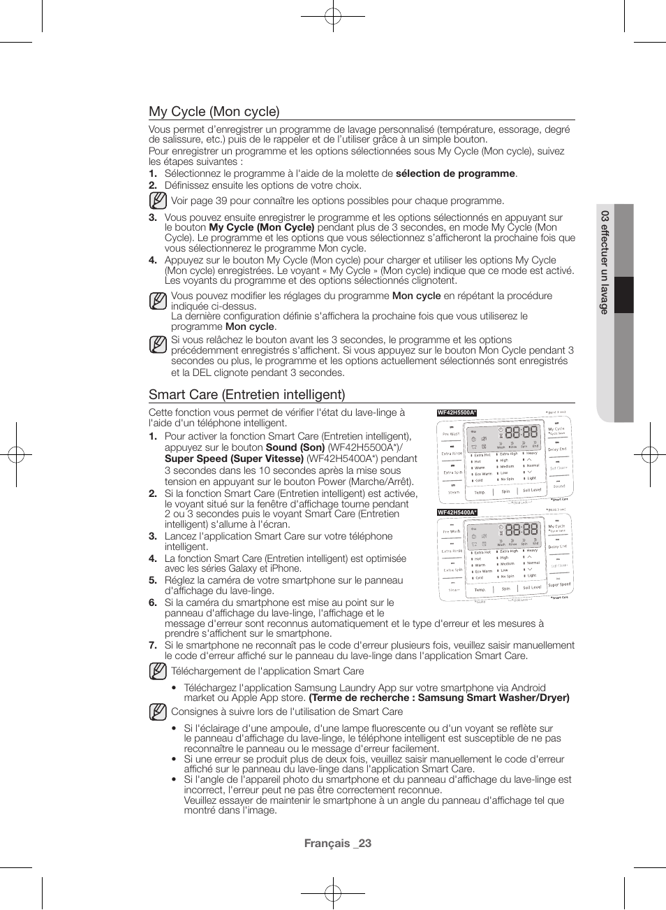 My cycle (mon cycle), Smart care (entretien intelligent) | Samsung WF42H5400AW-A2 User Manual | Page 67 / 132