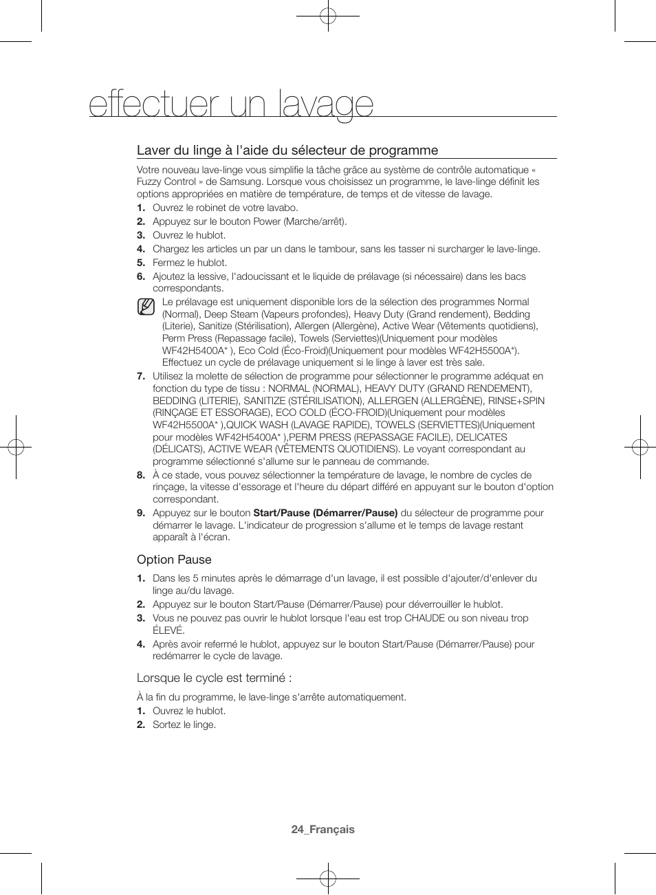 Effectuer un lavage, Laver du linge à l'aide du sélecteur de programme | Samsung WF42H5400AW-A2 User Manual | Page 68 / 132