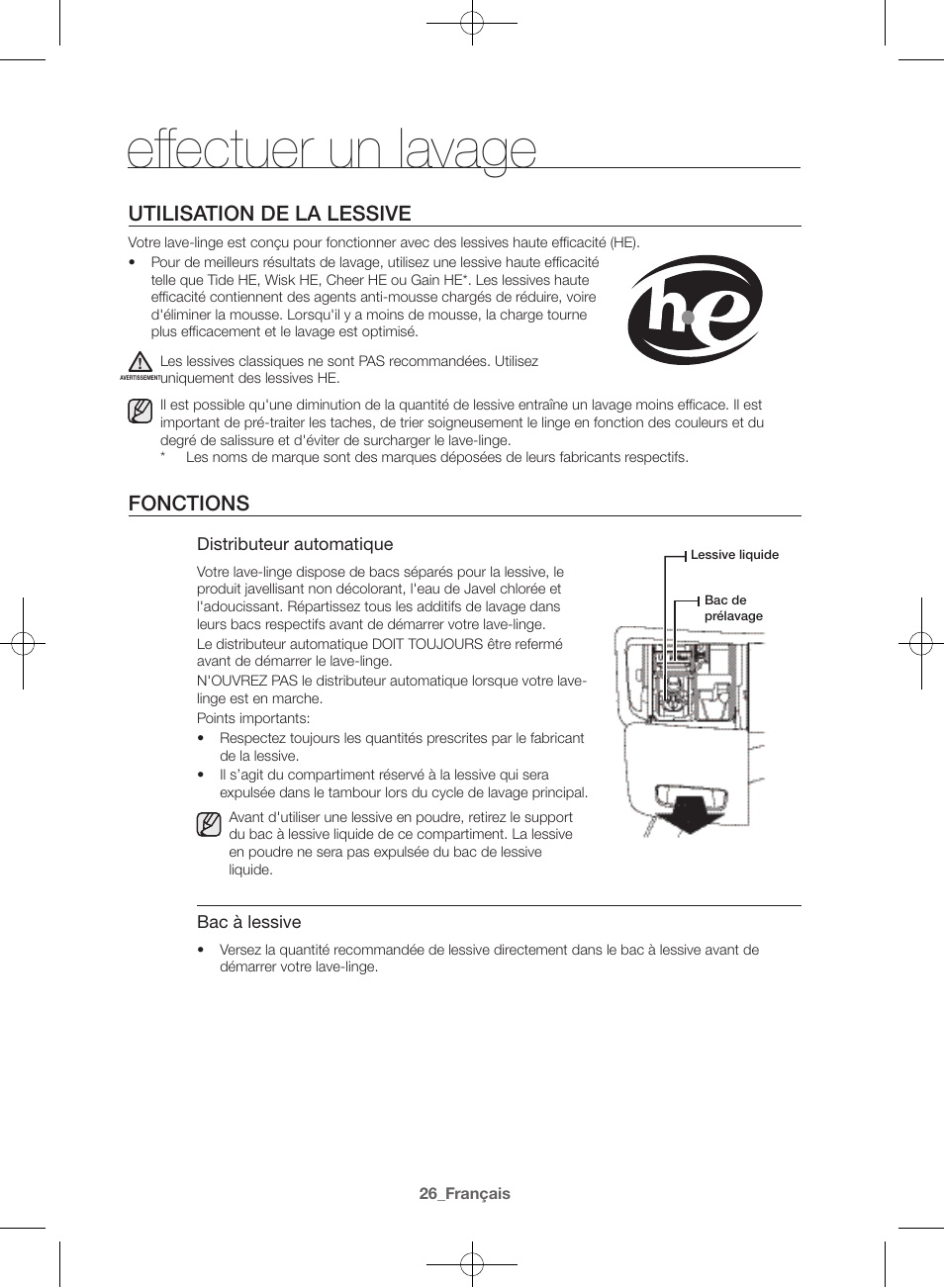 Effectuer un lavage, Utilisation de la lessive, Fonctions | Samsung WF42H5400AW-A2 User Manual | Page 70 / 132