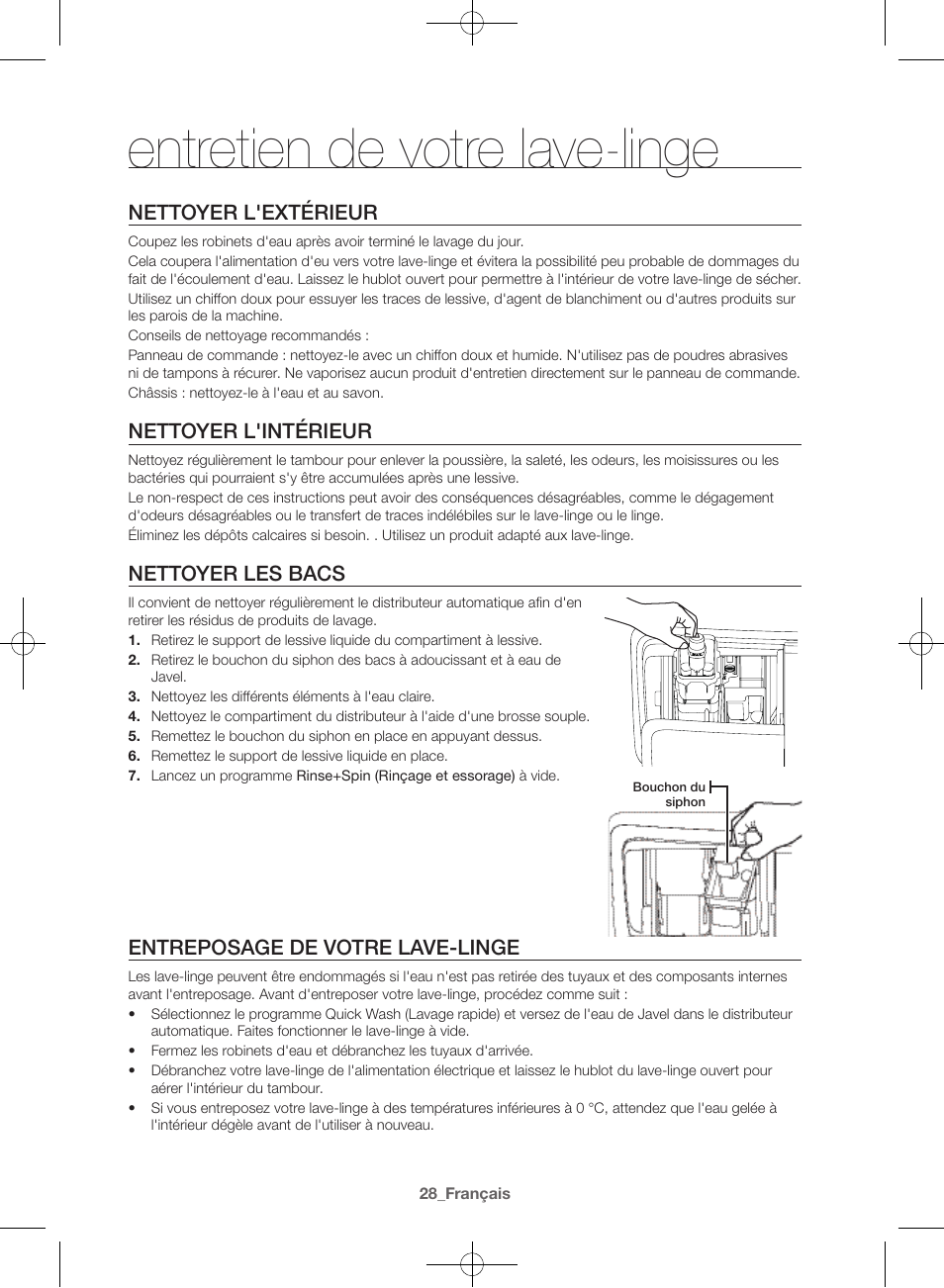 Entretien de votre lave-linge, Nettoyer l'extérieur, Nettoyer l'intérieur | Nettoyer les bacs, Entreposage de votre lave-linge | Samsung WF42H5400AW-A2 User Manual | Page 72 / 132