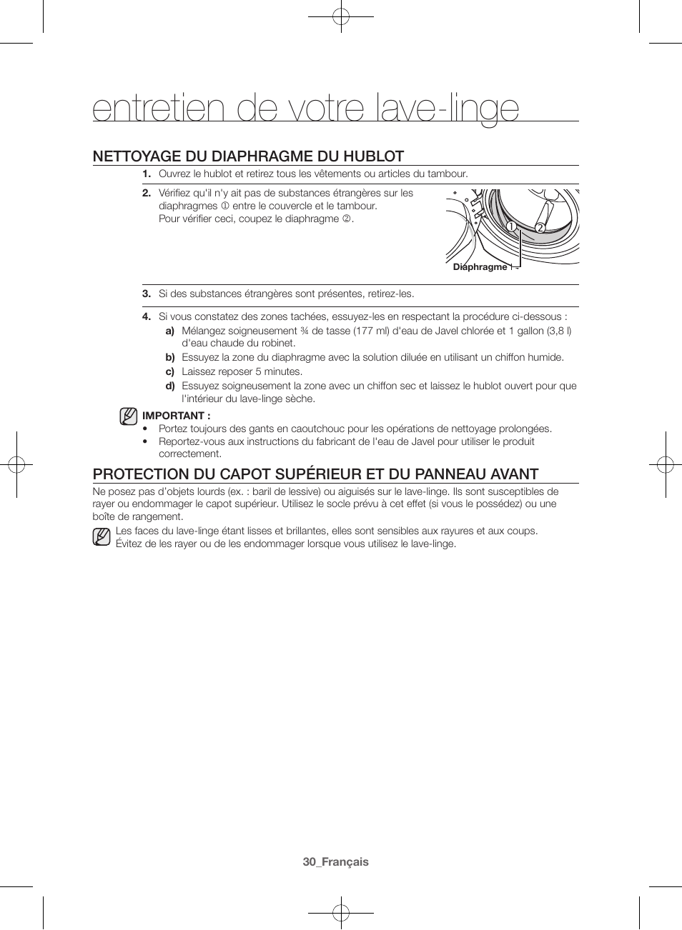 Entretien de votre lave-linge, Nettoyage du diaphragme du hublot, Protection du capot supérieur et du panneau avant | Samsung WF42H5400AW-A2 User Manual | Page 74 / 132