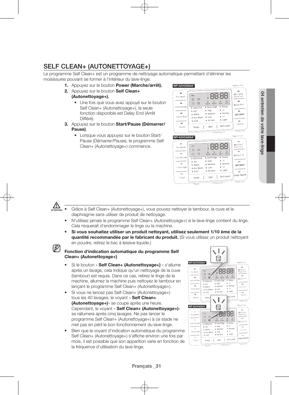 Self clean+ (autonettoyage+) | Samsung WF42H5400AW-A2 User Manual | Page 75 / 132