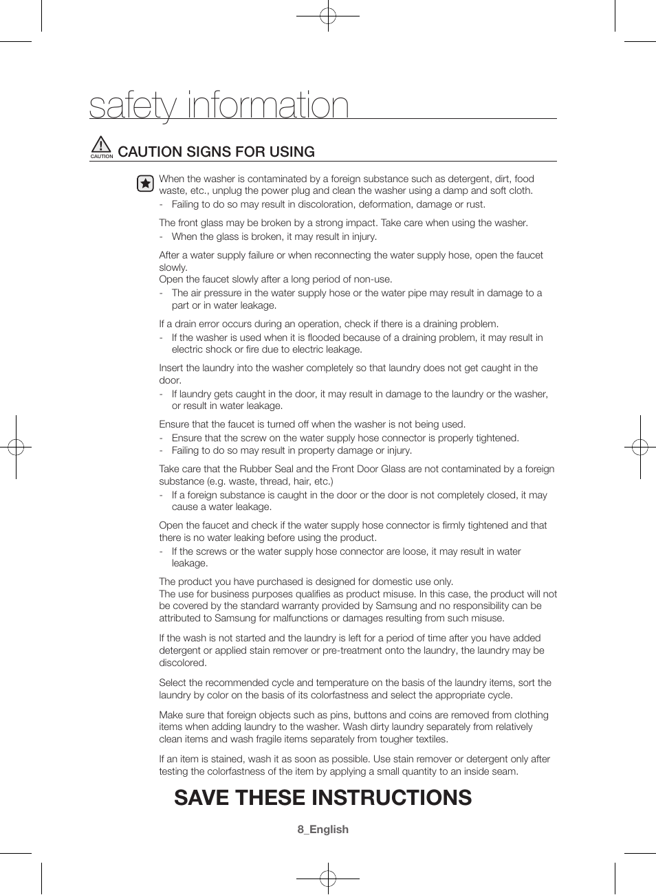 Safety information, Save these instructions, Caution signs for using | Samsung WF42H5400AW-A2 User Manual | Page 8 / 132