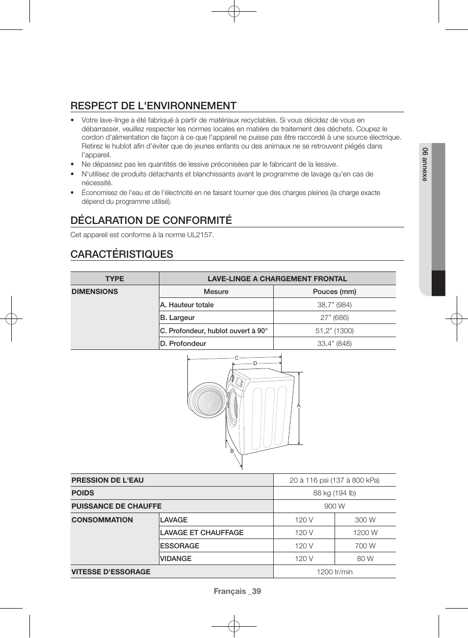 Respect de l'environnement, Déclaration de conformité, Caractéristiques | Samsung WF42H5400AW-A2 User Manual | Page 83 / 132