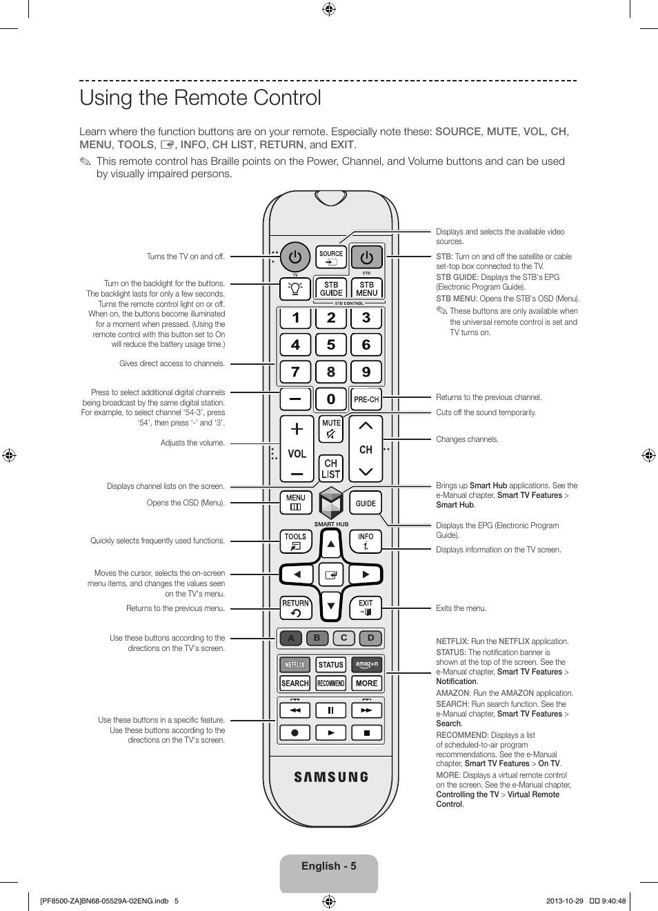 Using the remote control | Samsung PN60F8500AFXZA User Manual | Page 5 / 38