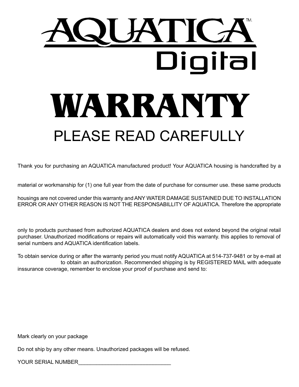 Warranty, Please read carefully, Canadian goods returned for repair | Aquatica EOS 1Ds MK III User Manual | Page 16 / 16