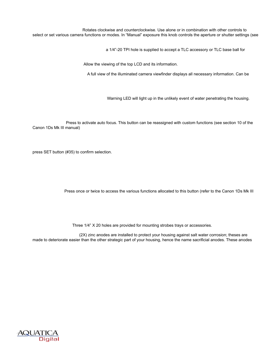 Controls in detail, continued, Page 4 | Aquatica EOS 1Ds MK III User Manual | Page 5 / 16