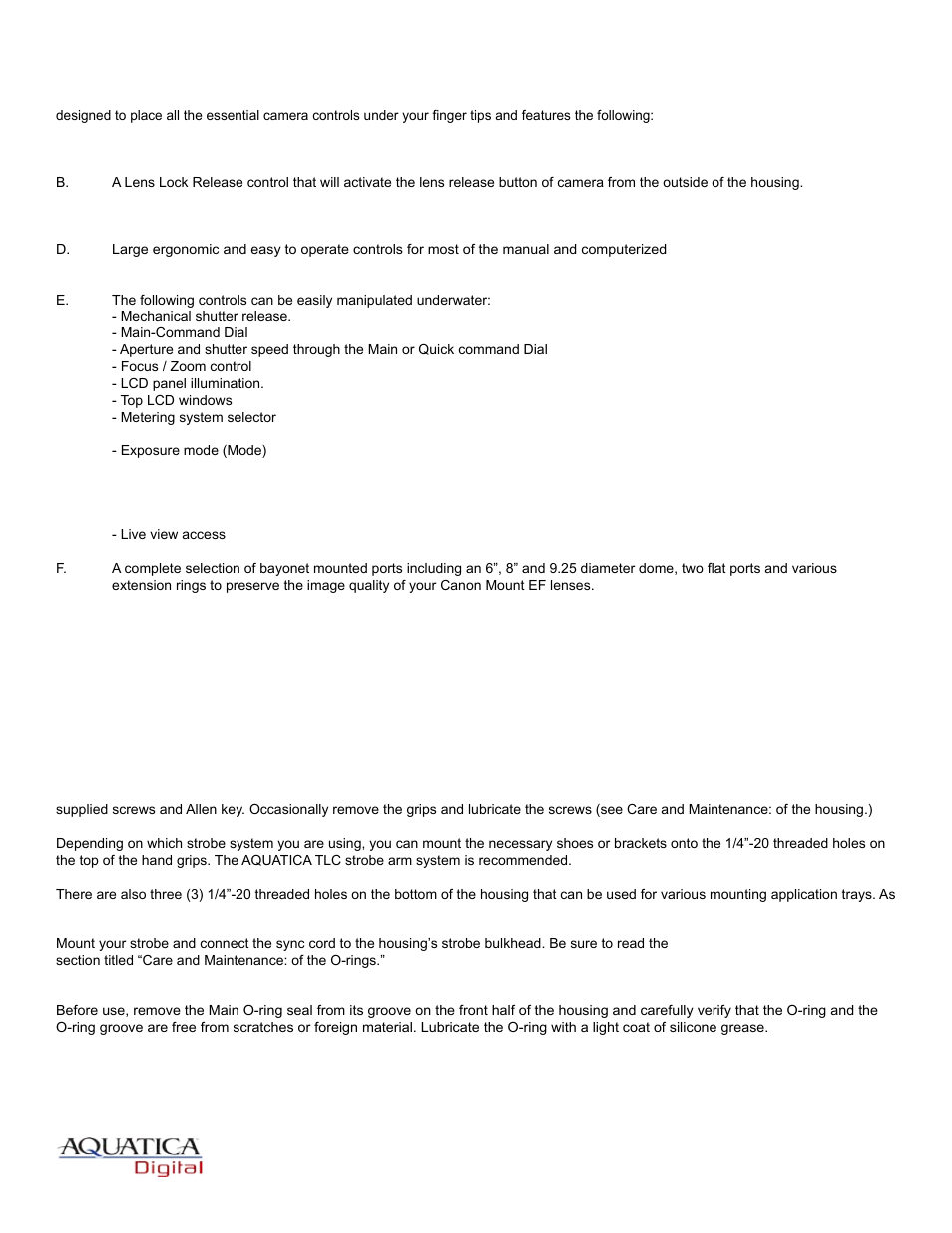 Features, Preparation of the housing, Page 5 | Aquatica EOS 1Ds MK III User Manual | Page 6 / 16