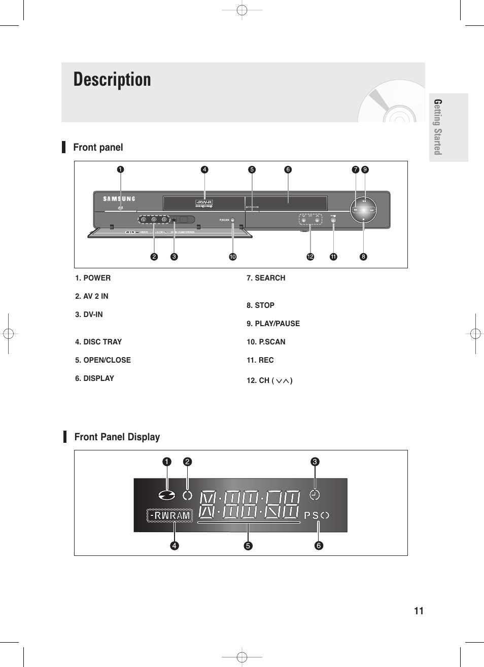 Description, Front panel, Front panel display | Getting started english - 11 front panel | Samsung DVD-R130-XAA User Manual | Page 11 / 98