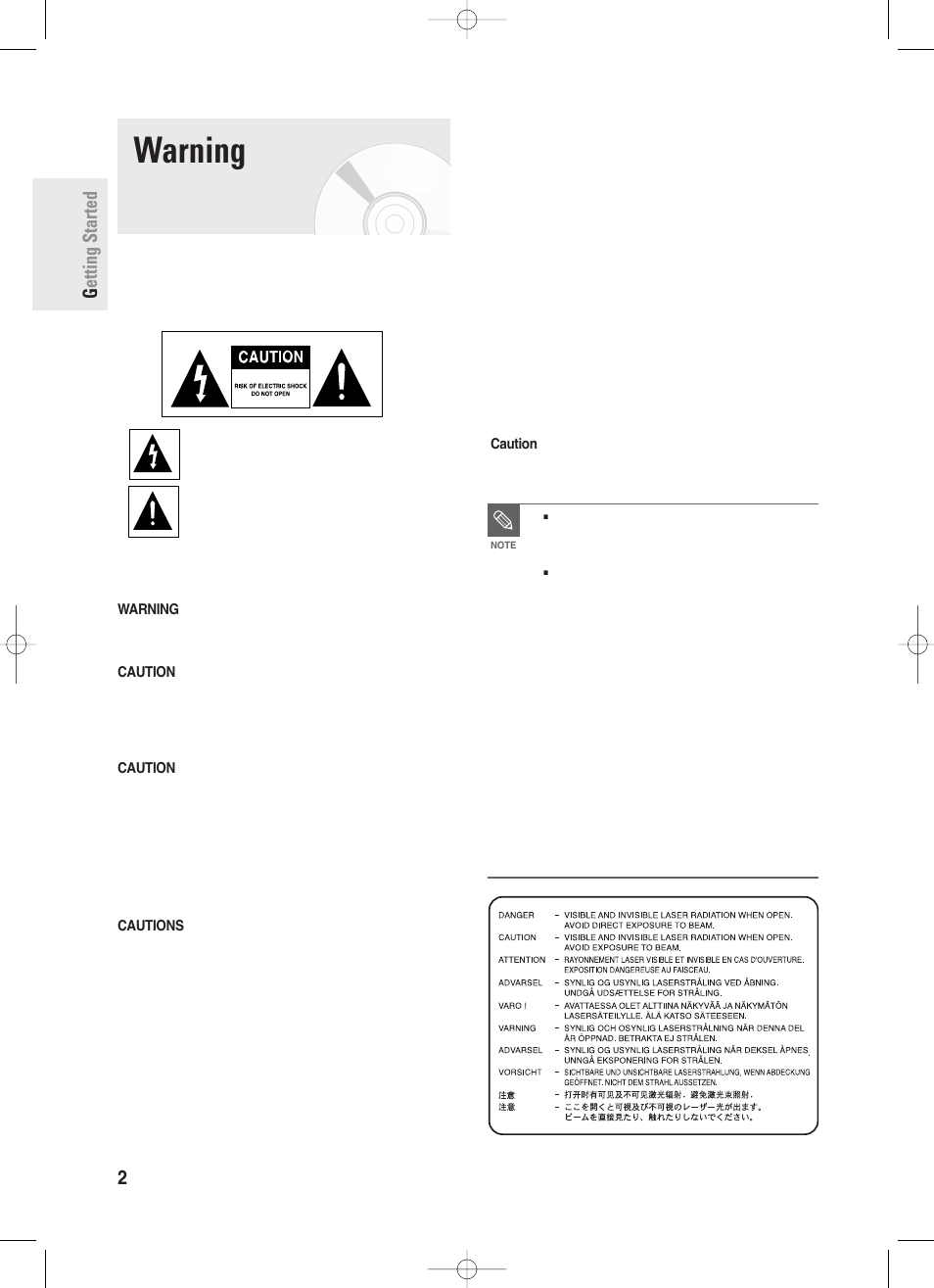 Getting started, Warning, Getting started 2 - english | Samsung DVD-R130-XAA User Manual | Page 2 / 98