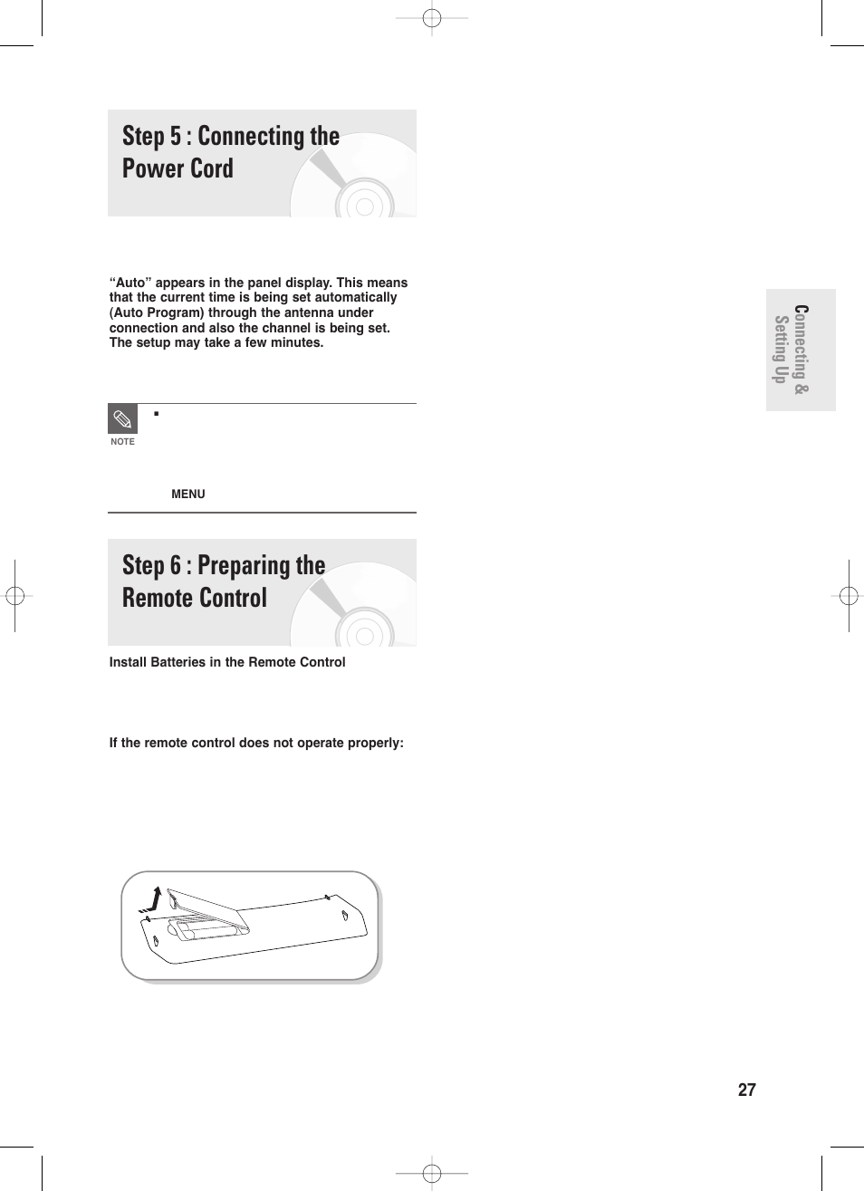 Step 5 : connecting the power cord, Step 6 : preparing the remote control, Connecting & setting up english - 27 | Samsung DVD-R130-XAA User Manual | Page 27 / 98