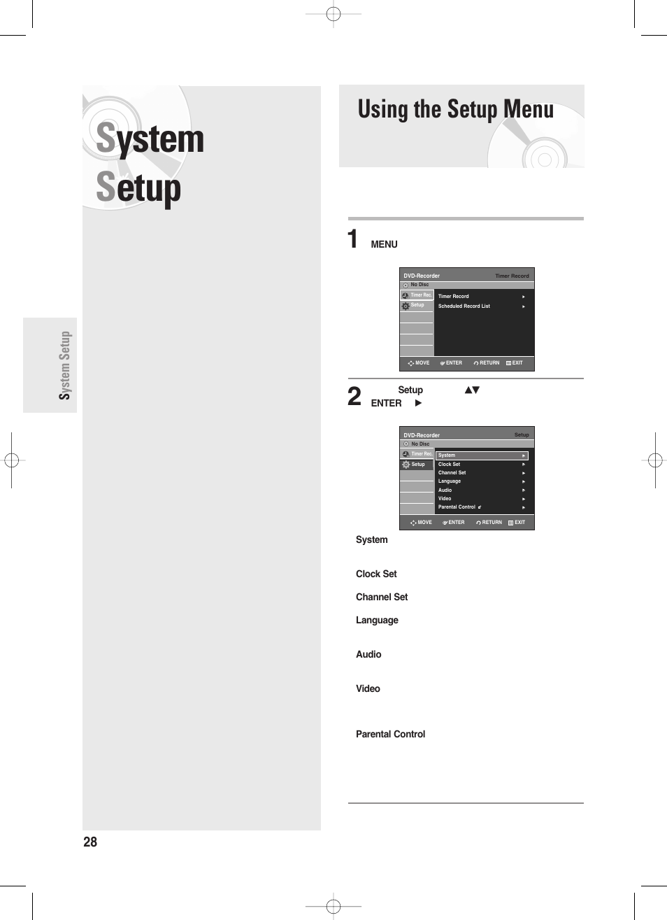 System setup, Using the setup menu, System s etup | 28 - english s ystem setup | Samsung DVD-R130-XAA User Manual | Page 28 / 98