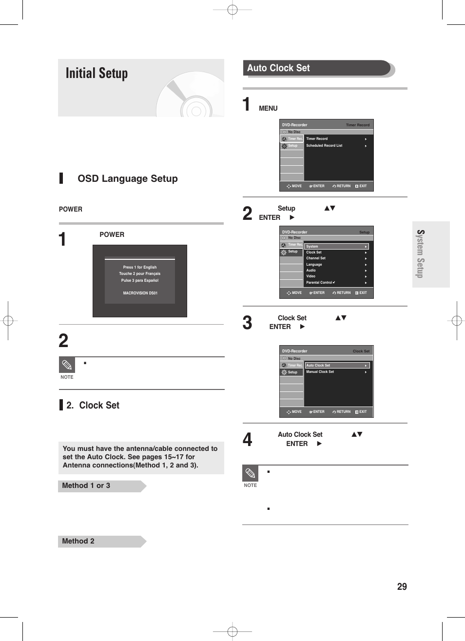 Initial setup, Osd language setup, Clock set | English - 29, Auto clock set, System setup | Samsung DVD-R130-XAA User Manual | Page 29 / 98