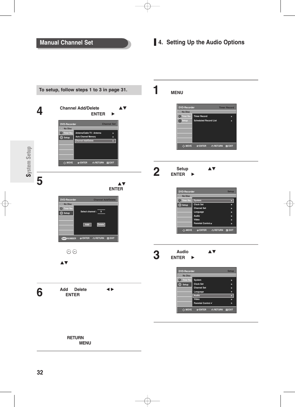Setting up the audio options, 32 - english s ystem setup manual channel set | Samsung DVD-R130-XAA User Manual | Page 32 / 98