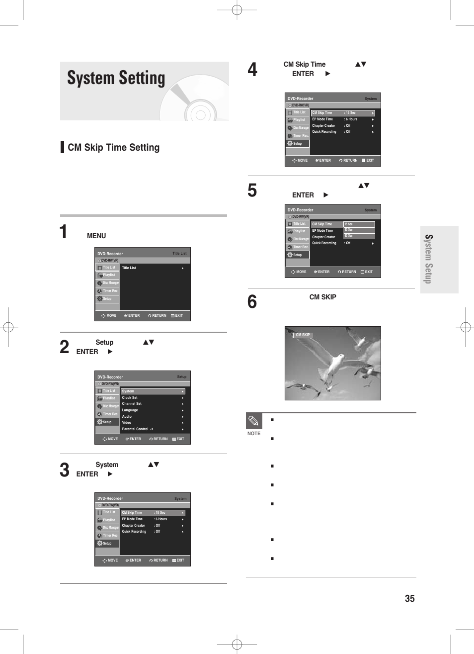 System setting, Cm skip time setting, English - 35 | System setup, Cm skip does not work in a still picture mode, Cm skip may not operate with some dvd- video discs | Samsung DVD-R130-XAA User Manual | Page 35 / 98