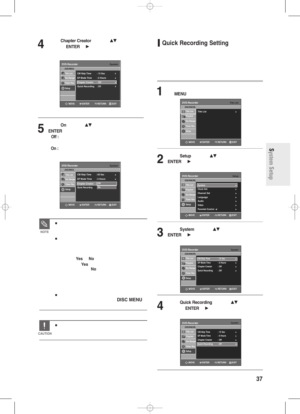 Quick recording setting, English - 37, System setup | This function only works for normal recording | Samsung DVD-R130-XAA User Manual | Page 37 / 98