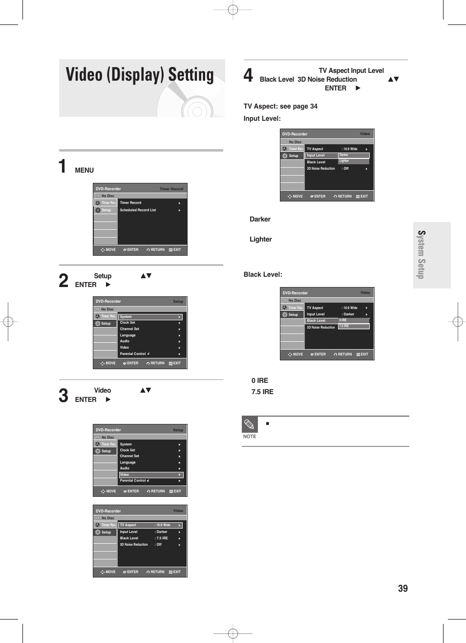 Video (display) setting, English - 39, System setup | This allows you to set up the tv screen settings, Video option menu will be displayed | Samsung DVD-R130-XAA User Manual | Page 39 / 98