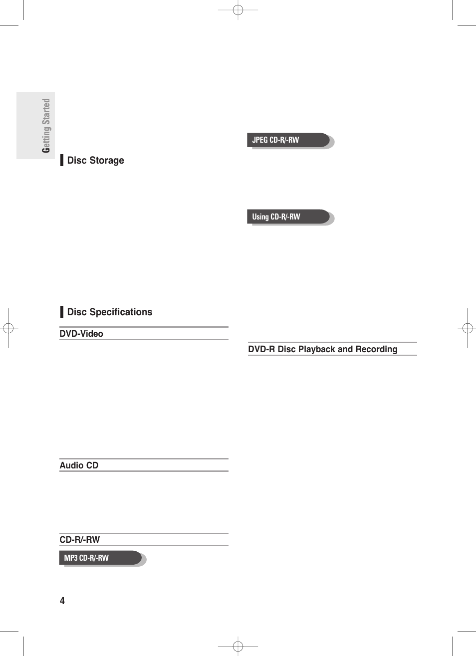 Disc storage, Disc specifications, Getting started 4 - english | Samsung DVD-R130-XAA User Manual | Page 4 / 98