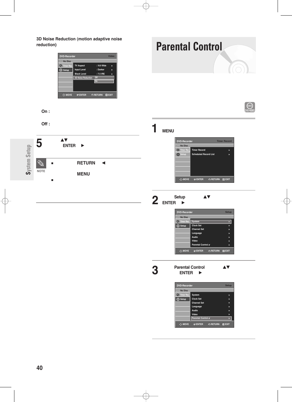 Parental control, 40 - english s ystem setup, Press the return or | Samsung DVD-R130-XAA User Manual | Page 40 / 98
