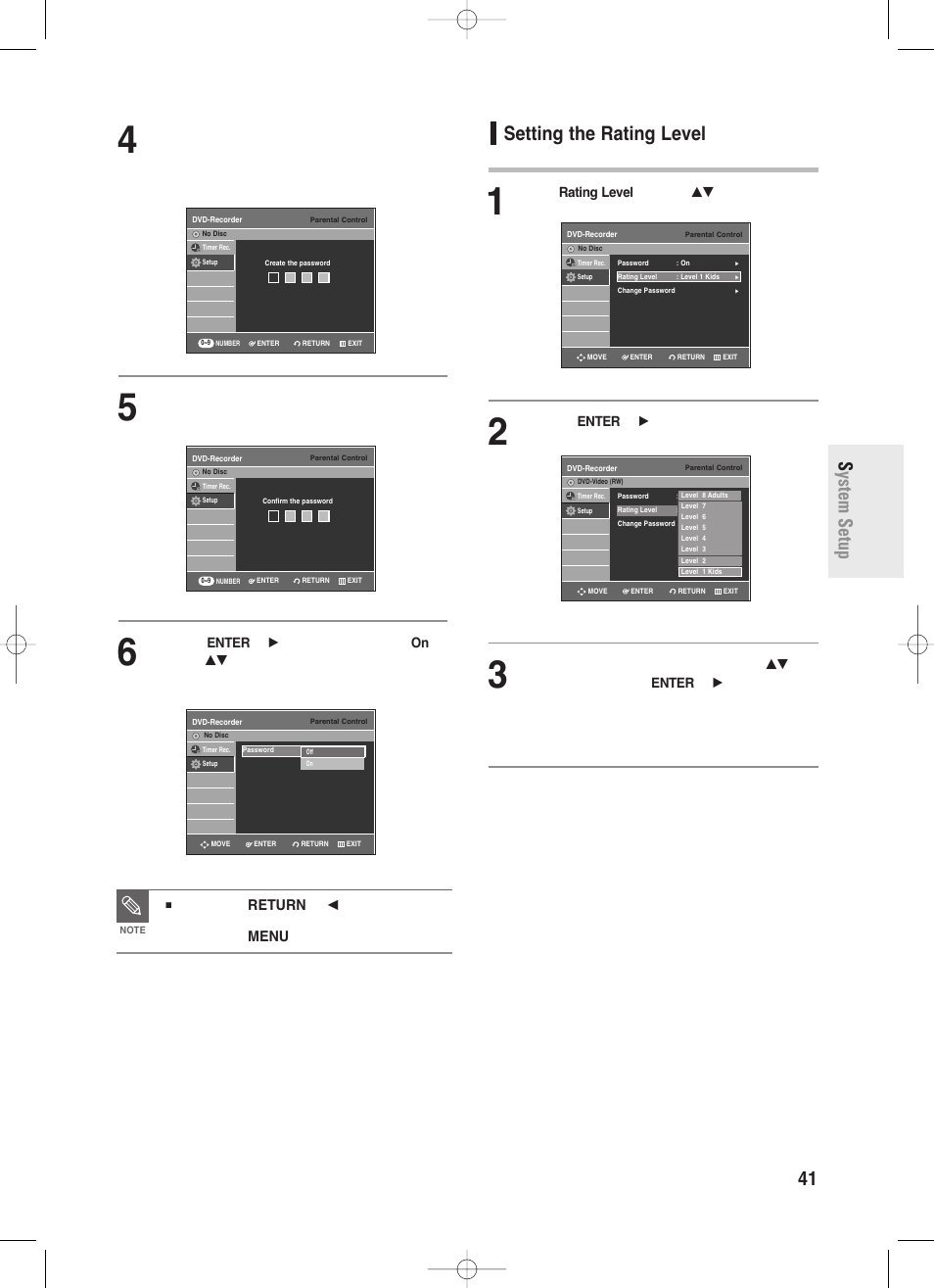 Setting the rating level, English - 41, System setup | Press the return or | Samsung DVD-R130-XAA User Manual | Page 41 / 98