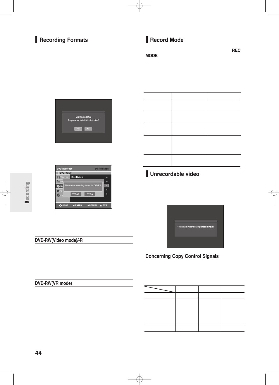 Recording formats, Record mode, Unrecordable video | 44 - english r ecording recording formats, Concerning copy control signals, Dvd-rw(video mode)/-r, Dvd-rw(vr mode) | Samsung DVD-R130-XAA User Manual | Page 44 / 98