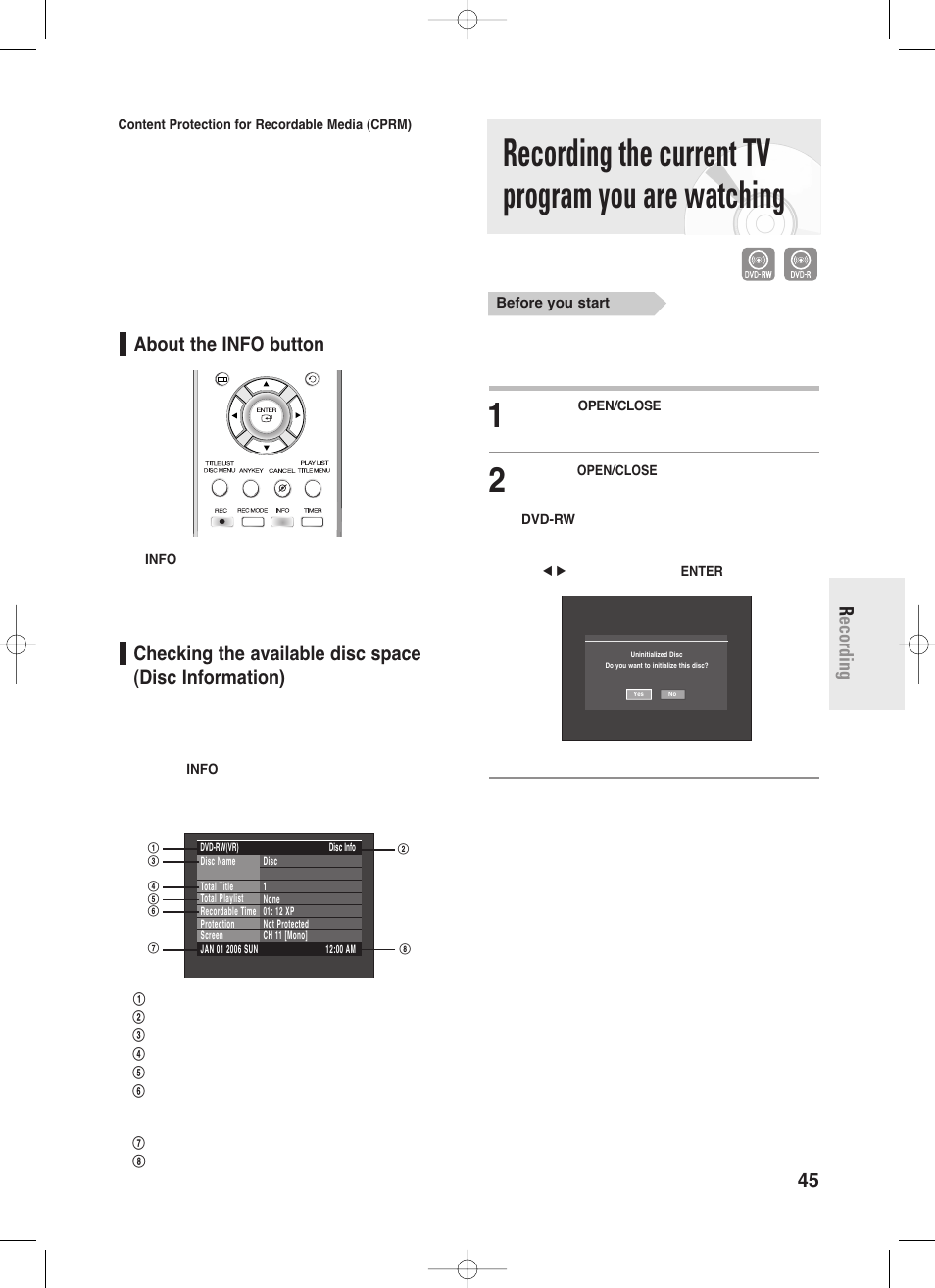 About the info button, Recording the current tv program you are watching, English - 45 r ecording | Samsung DVD-R130-XAA User Manual | Page 45 / 98