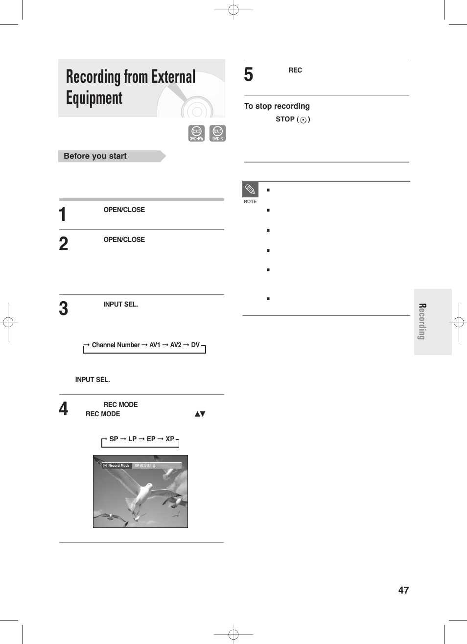 Recording from external equipment, English - 47 r ecording | Samsung DVD-R130-XAA User Manual | Page 47 / 98