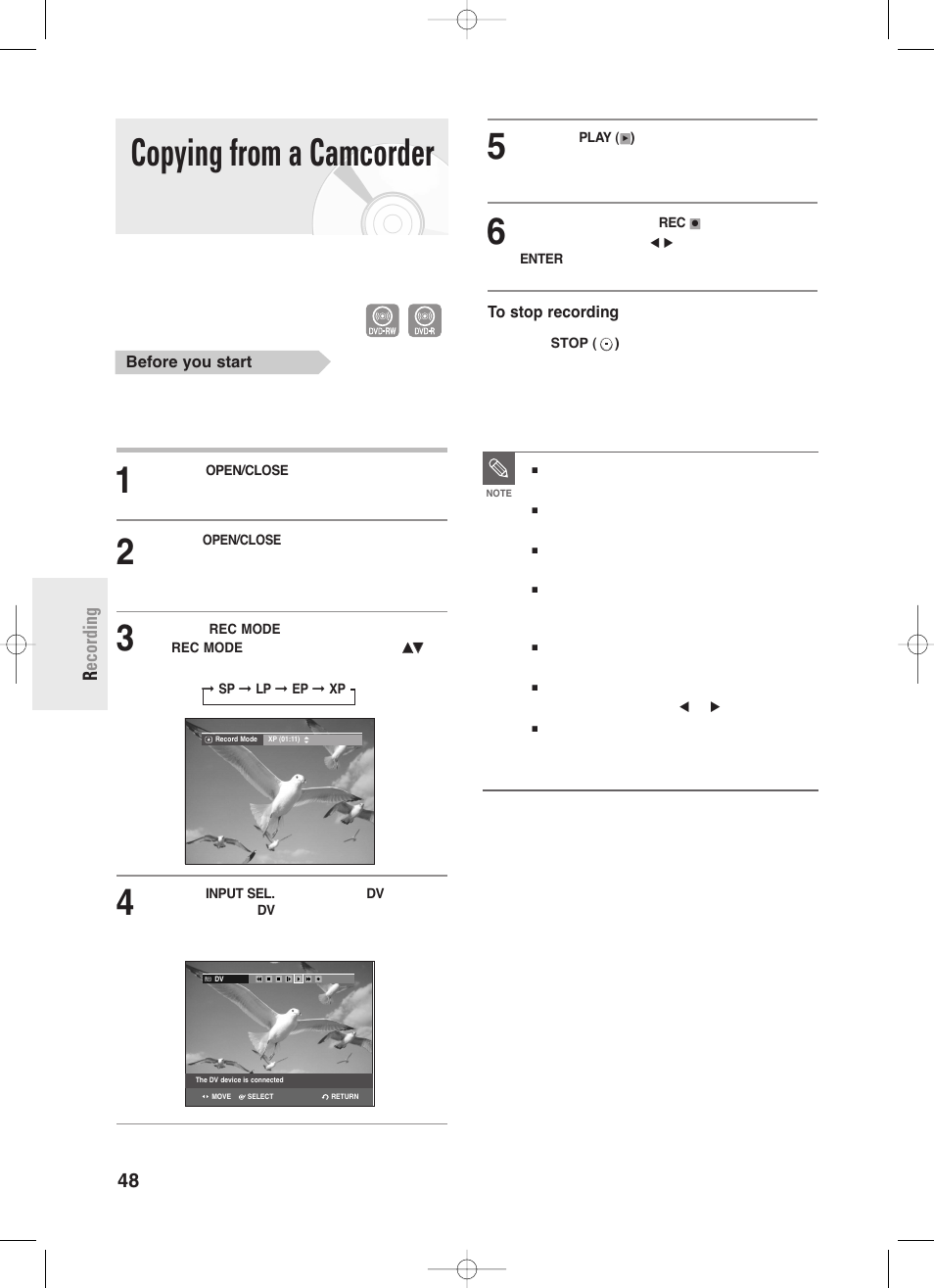 Copying from a camcorder, 48 - english r ecording | Samsung DVD-R130-XAA User Manual | Page 48 / 98
