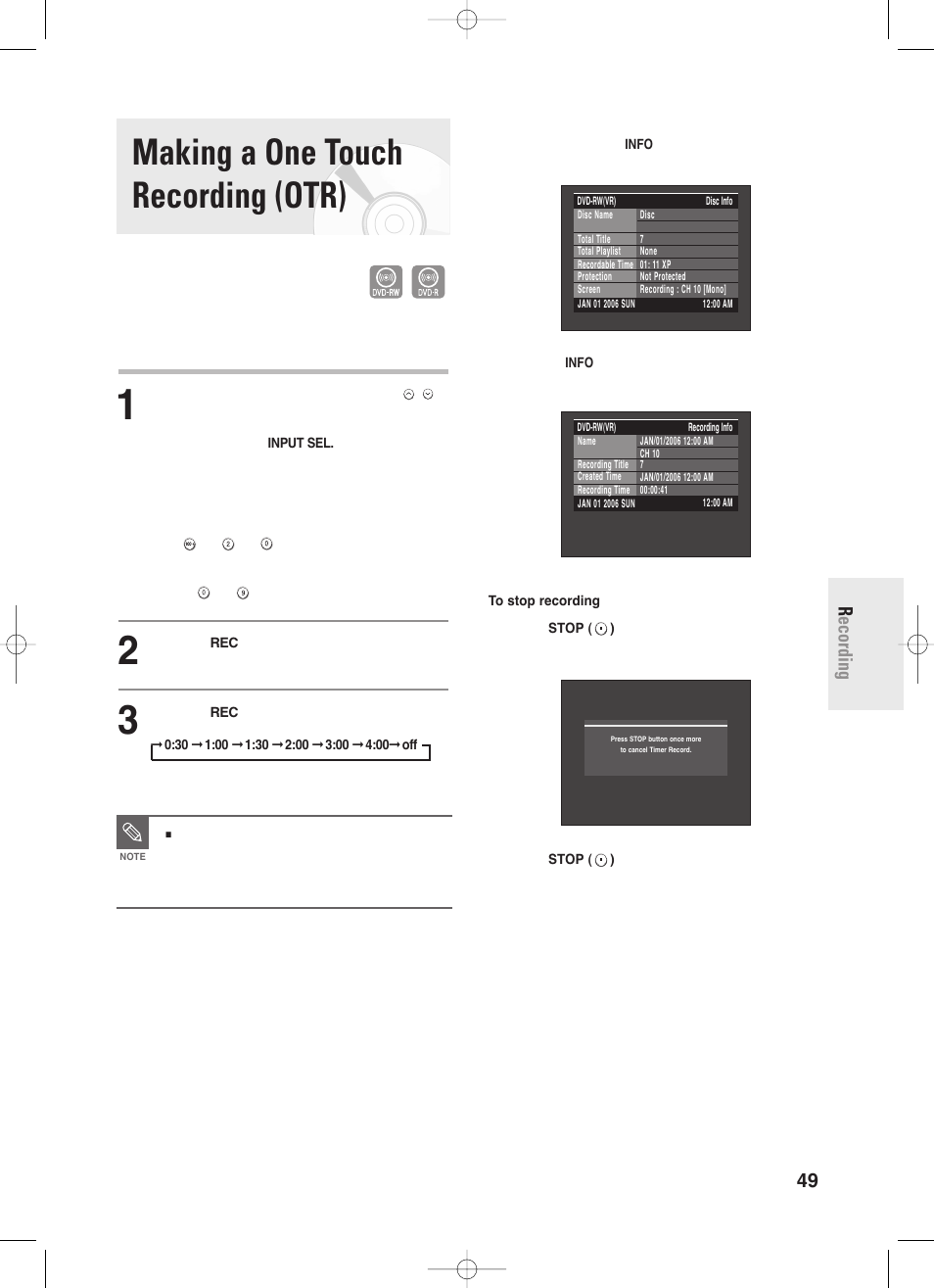 Making a one touch recording (otr), English - 49 r ecording | Samsung DVD-R130-XAA User Manual | Page 49 / 98