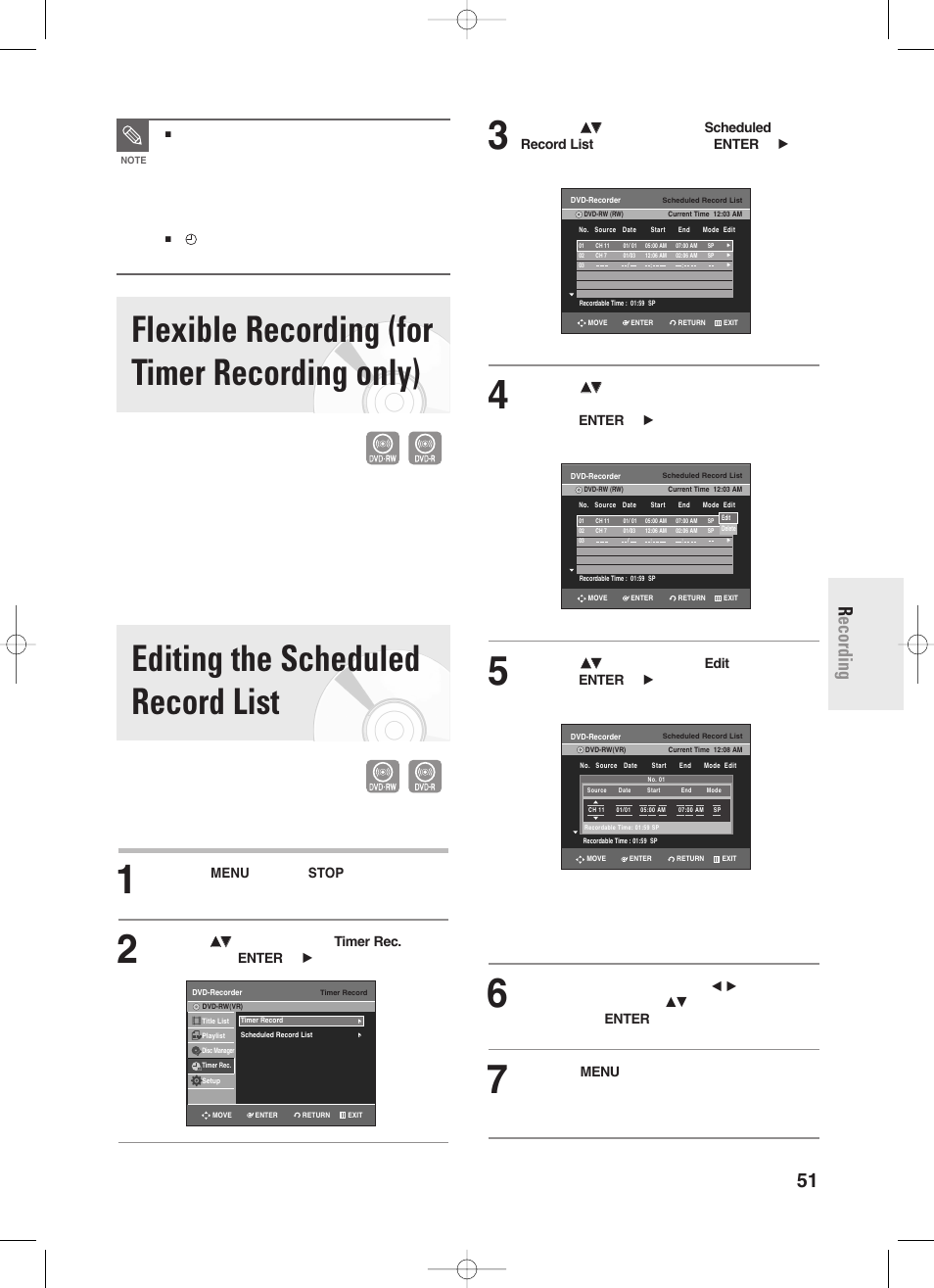 Flexible recording (for timer recording only), Editing the scheduled record list, English - 51 r ecording | Samsung DVD-R130-XAA User Manual | Page 51 / 98