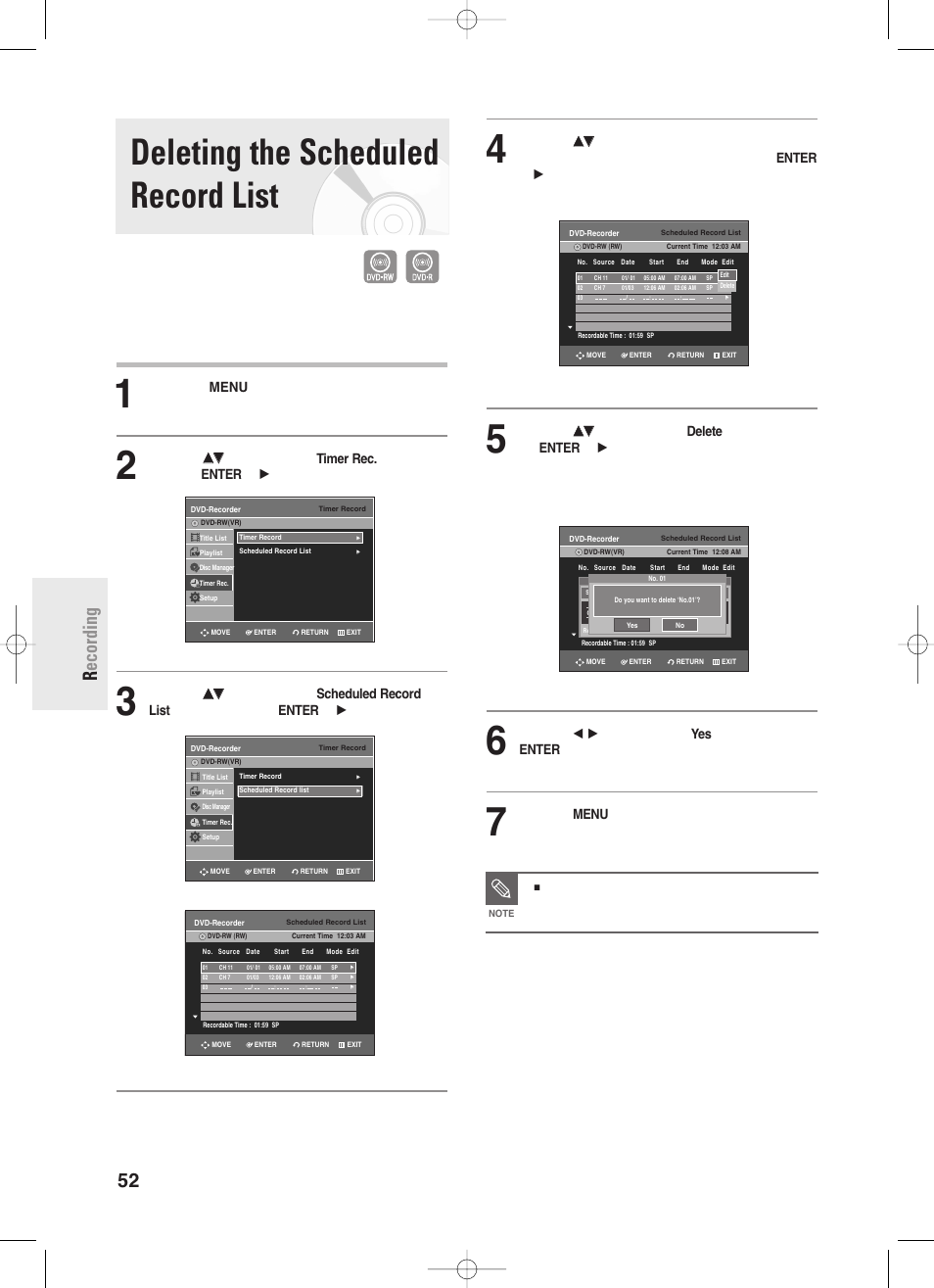 Deleting the scheduled record list, 52 - english r ecording, Press the menu button in stop mode | Samsung DVD-R130-XAA User Manual | Page 52 / 98