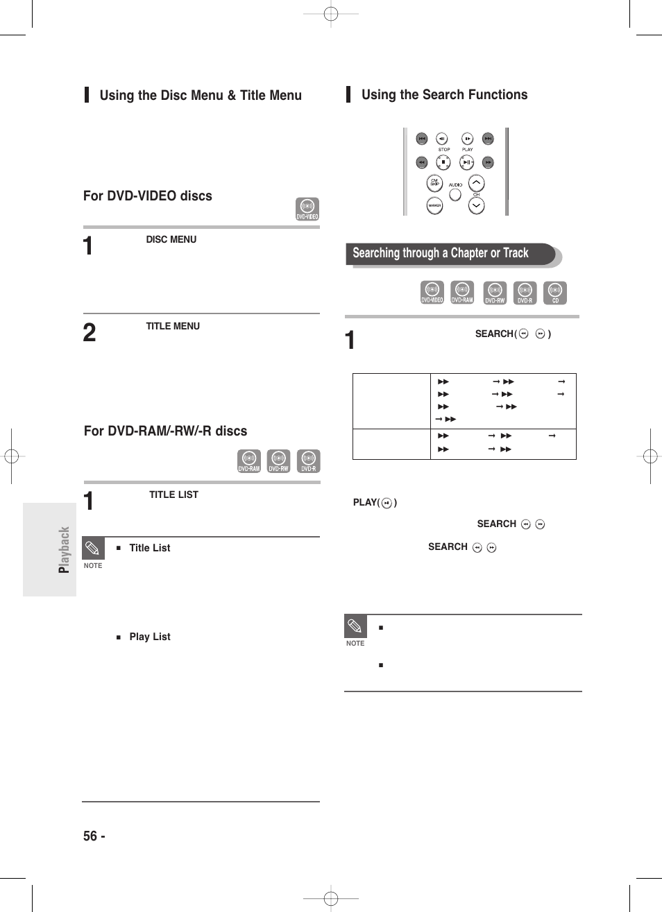 Using the disc menu &title menu, Using the search functions, 56 - english p layback using the search functions | For dvd-ram/-rw/-r discs, Searching through a chapter or track | Samsung DVD-R130-XAA User Manual | Page 56 / 98