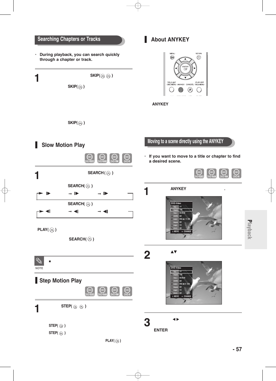 Slow motion play, Step motion play, About anykey | English - 57 p layback slow motion play, Searching chapters or tracks about anykey, Moving to a scene directly using the anykey | Samsung DVD-R130-XAA User Manual | Page 57 / 98