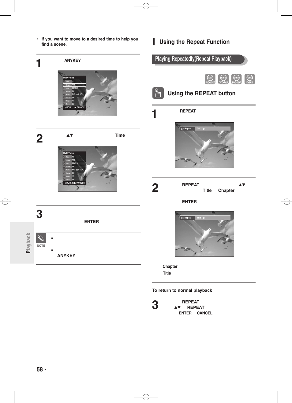 Using the repeat function, 58 - english p layback, Using the repeat function using the repeat button | Playing repeatedly(repeat playback) | Samsung DVD-R130-XAA User Manual | Page 58 / 98