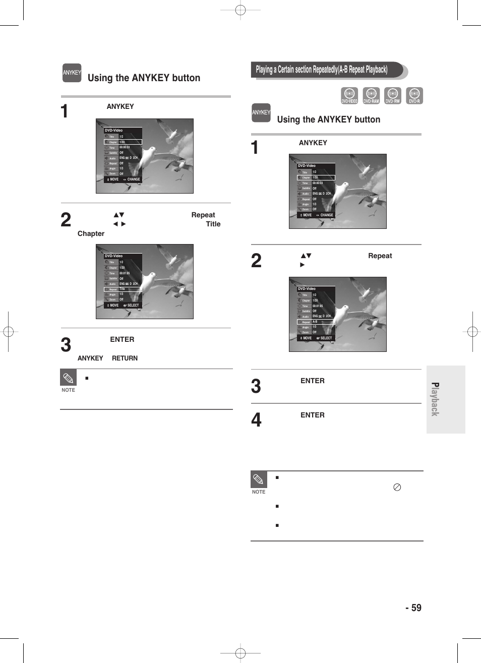 English - 59 p layback, Using the anykey button | Samsung DVD-R130-XAA User Manual | Page 59 / 98