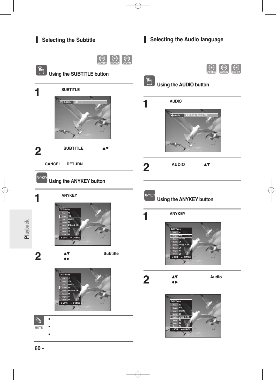 Selecting the subtitle, Selecting the audio language, 60 - english p layback selecting the subtitle | Using the subtitle button, Using the anykey button, Using the audio button, Vr mode) | Samsung DVD-R130-XAA User Manual | Page 60 / 98