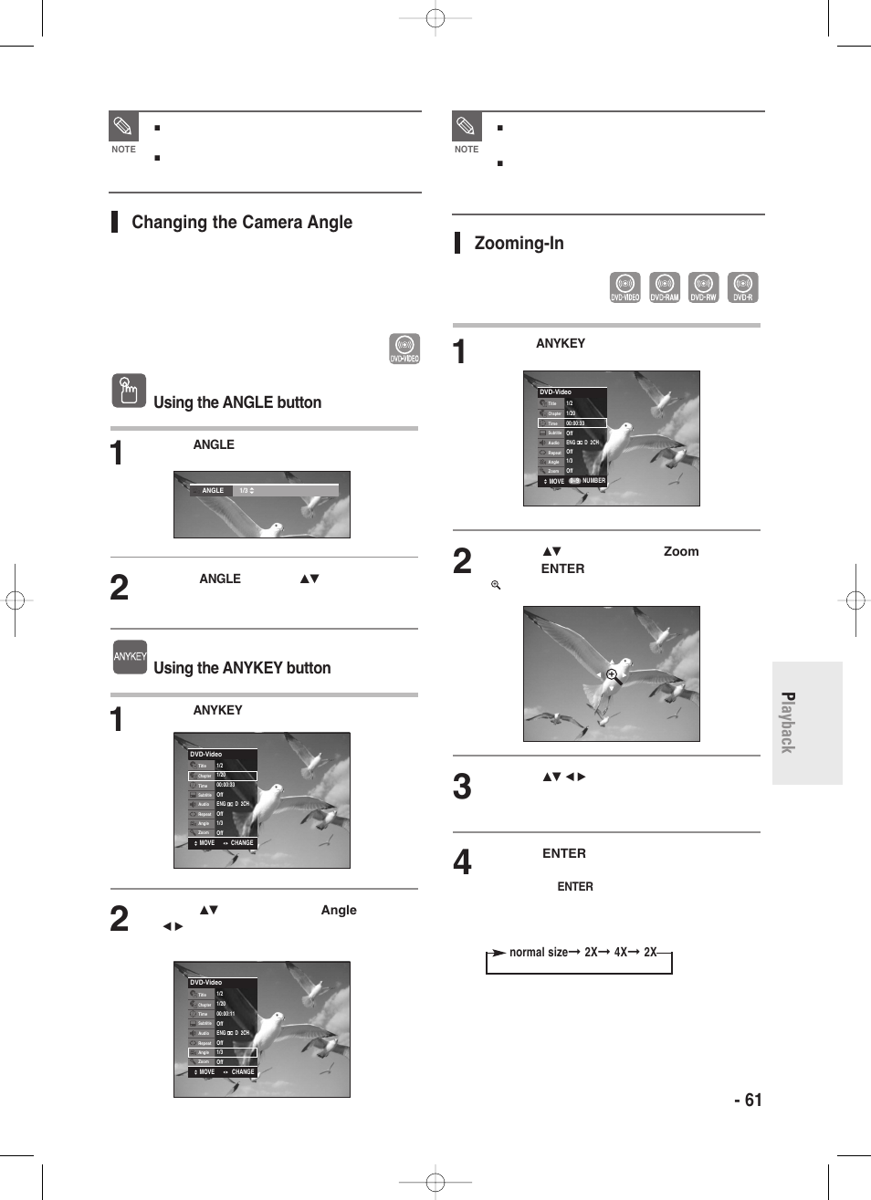 Changing the camera angle, Zooming-in, English - 61 p layback zooming-in | Using the angle button, Using the anykey button | Samsung DVD-R130-XAA User Manual | Page 61 / 98