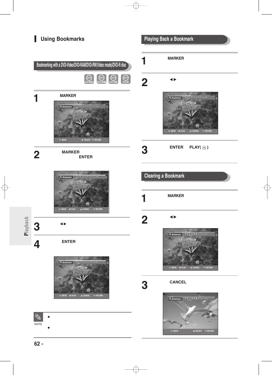 Using bookmarks, 62 - english p layback using bookmarks, Selecting the audio language | Playing back a bookmark clearing a bookmark | Samsung DVD-R130-XAA User Manual | Page 62 / 98